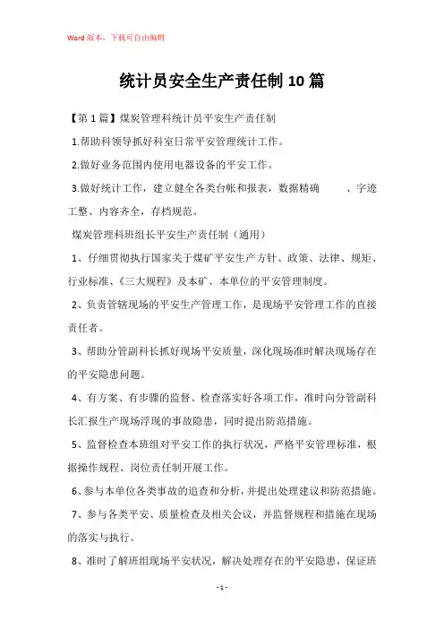 统计员安全生产责任制10篇