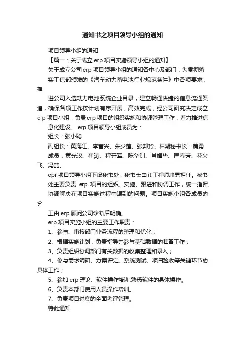 通知书之项目领导小组的通知