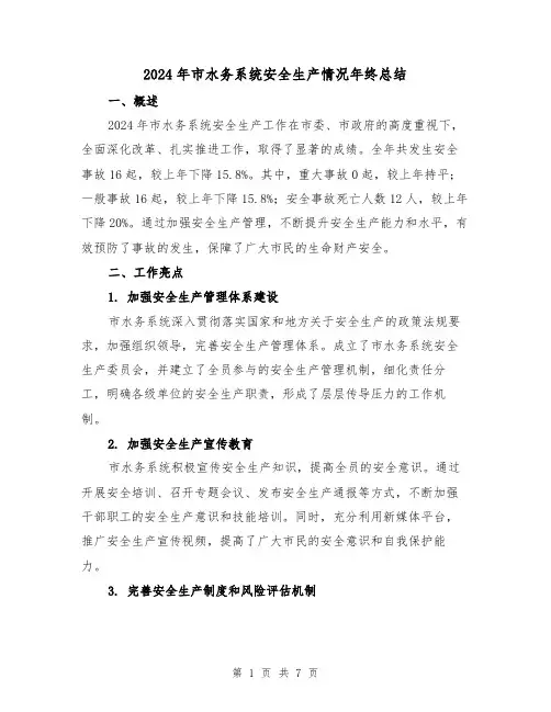 2024年市水务系统安全生产情况年终总结(二篇)