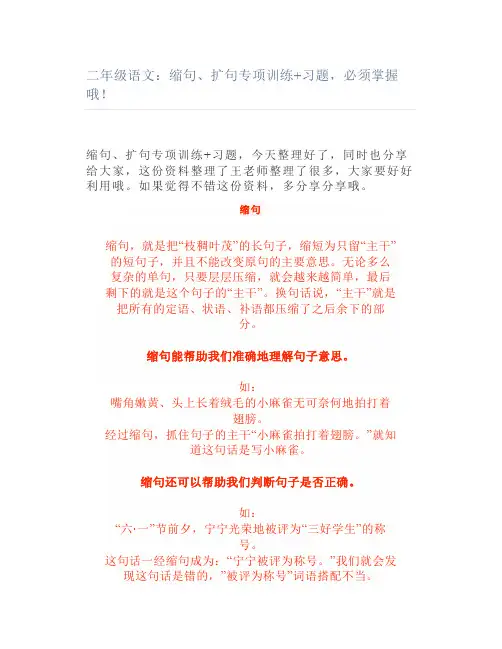 二年级语文：缩句、扩句专项训练+习题必须掌握哦
