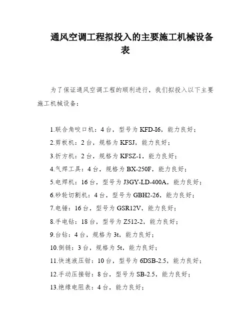 通风空调工程拟投入的主要施工机械设备表