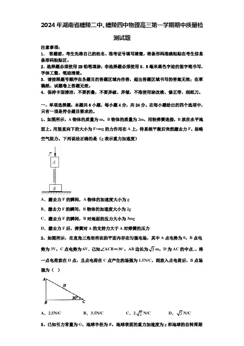 2024年湖南省醴陵二中、醴陵四中物理高三第一学期期中质量检测试题含解析