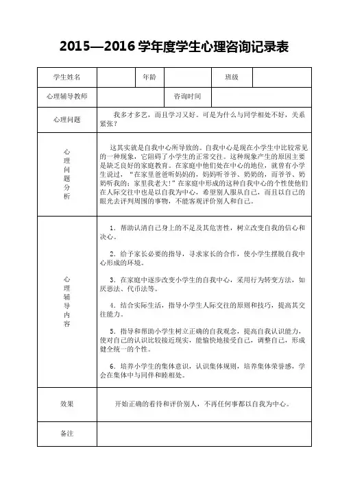 2015-2016年度心理辅导咨询记录