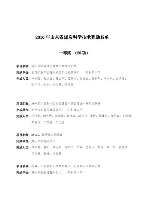 2010年山东省煤炭科学技术奖励名单