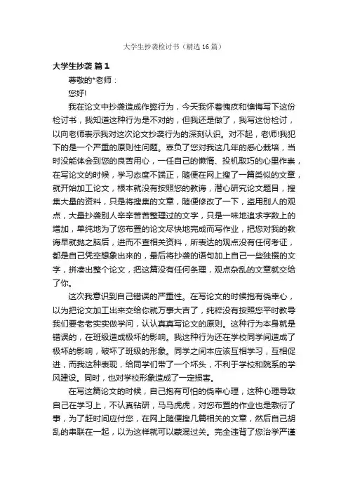 大学生抄袭检讨书（精选16篇）