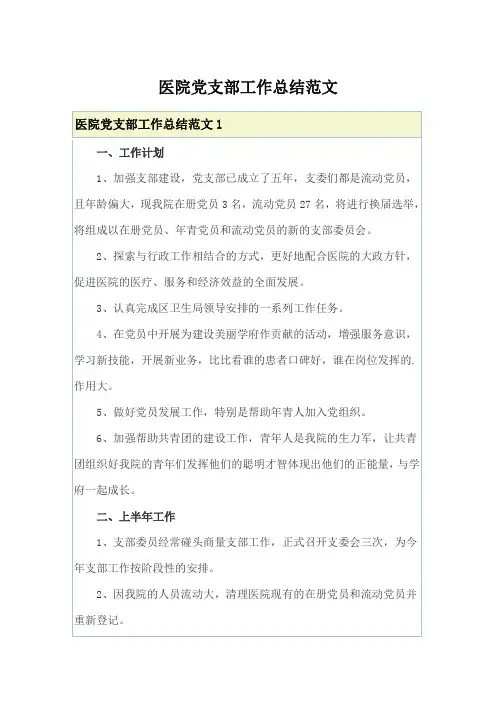 医院党支部工作总结范文(可编辑)