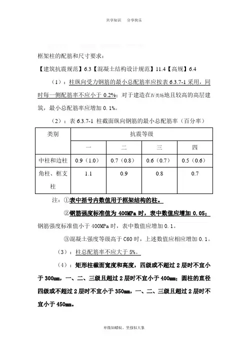 框架梁,柱的配筋要求