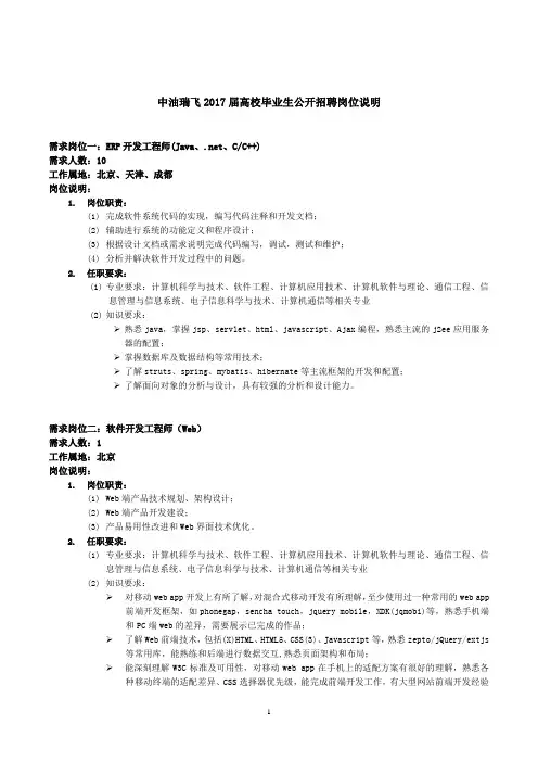 中油瑞飞2017届高校毕业生公开招聘岗位说明.doc