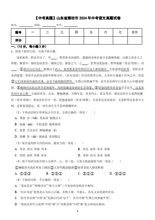 【中考真题】山东省潍坊市2024年中考语文真题试卷