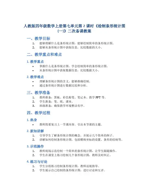 人教版四年级数学上册第七单元第2课时《绘制条形统计图(一)》二次备课教案