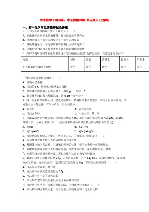 中考化学专项训练：常见的酸和碱(单元复习)及解析