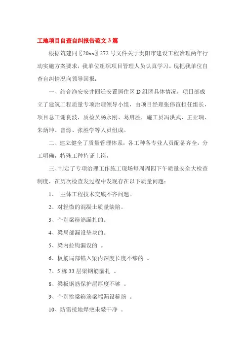 工地项目自查自纠报告范文3篇