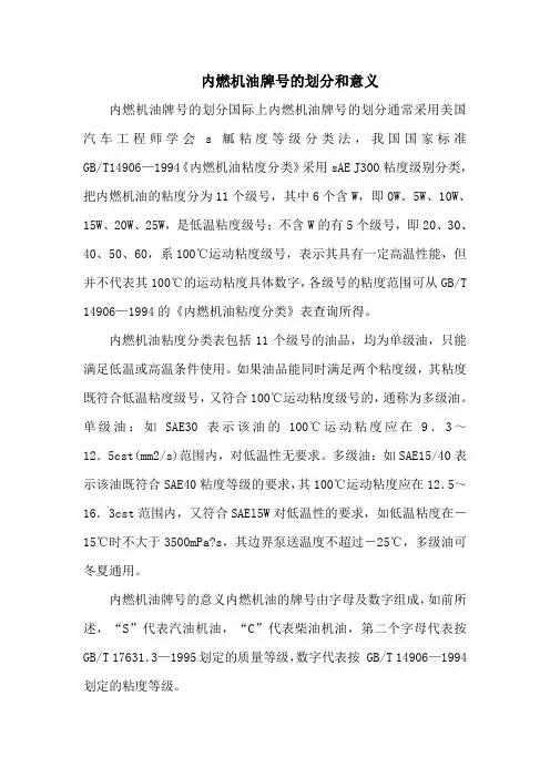 内燃机油牌号的划分和意义