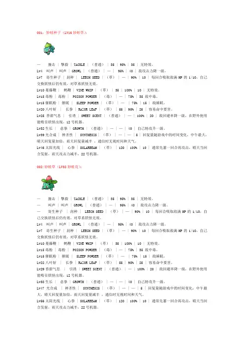 口袋妖怪金银   全精灵招式升级习得表