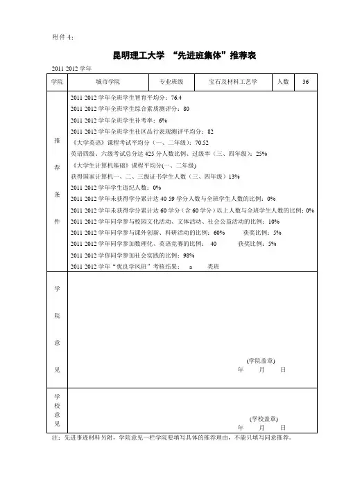 昆明理工大学 “先进班集体”推荐表