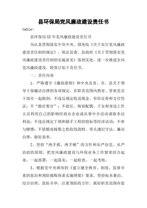 县环保局党风廉政建设责任书
