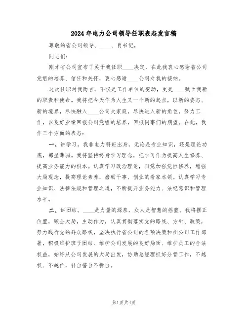 2024年电力公司领导任职表态发言稿(二篇)
