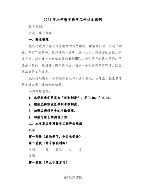 2024年小学数学教学工作计划范例（五篇）