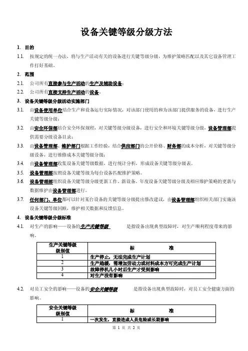 设备关键等级分级方法