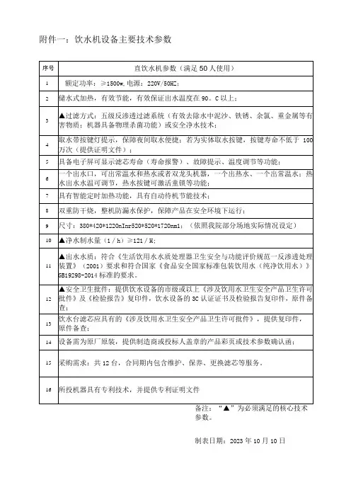 饮水机设备主要技术参数