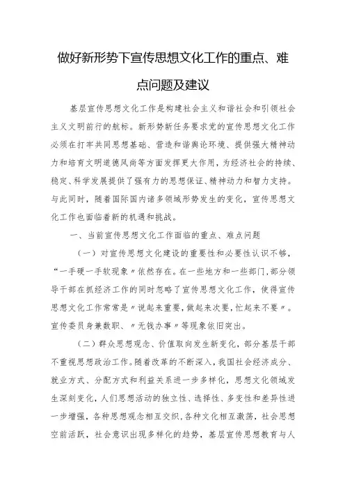 做好新形势下宣传思想文化工作的重点、难点问题及建议
