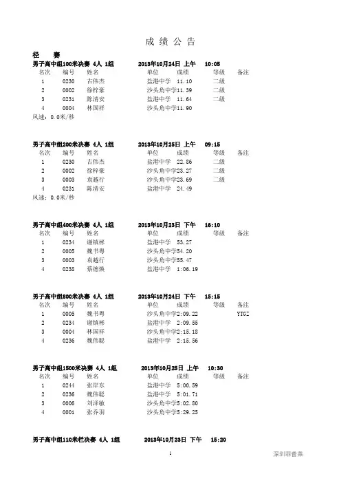盐田区第十五届中小学生田径运动会总成绩册