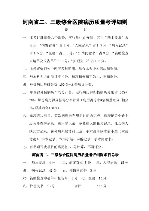 河南二、三级综合医院病历质量考评细则---文本资料