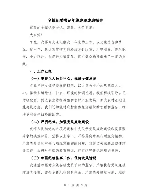 乡镇纪委书记年终述职述廉报告