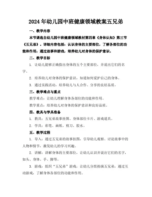 2024年幼儿园中班健康领域教案五兄弟
