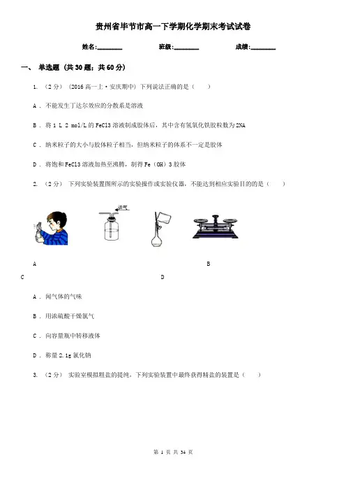 贵州省毕节市高一下学期化学期末考试试卷