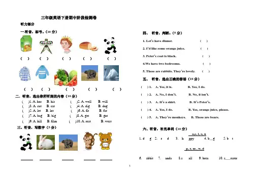 鲁科版英语三年级下学期期中检测卷