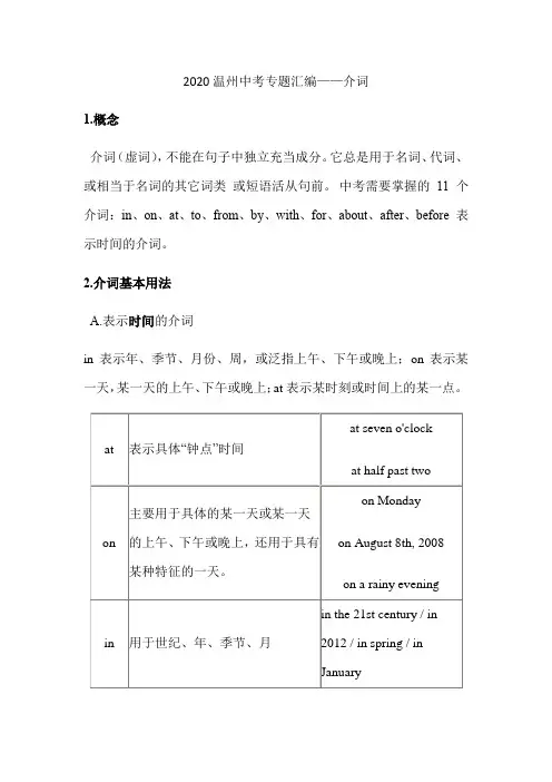 2020温州中考英语专题汇编——介词讲解和练习(无答案)