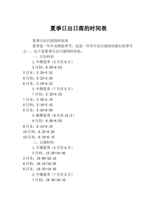 夏季日出日落的时间表