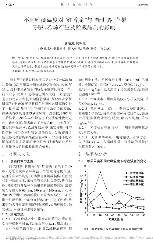 不同贮藏温度对_红香脆_与_新世界_苹果呼吸_乙烯产生及贮藏品质的影响