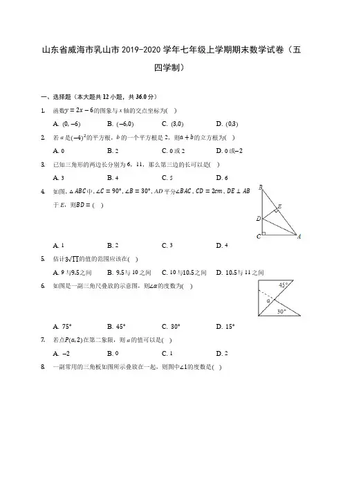 山东省威海市乳山市2019-2020学年七年级上学期期末数学试卷(五四学制) (含解析)