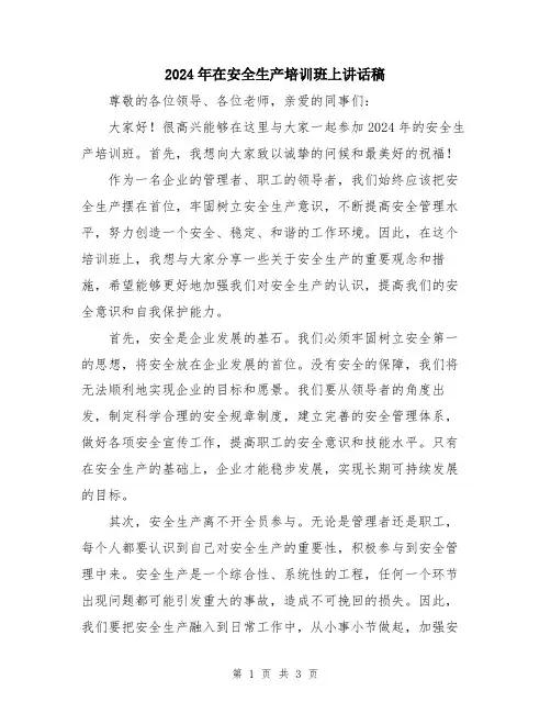 2024年在安全生产培训班上讲话稿