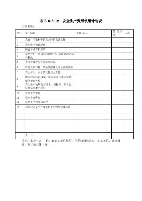 表E.0.3-12  安全生产费用使用计划表