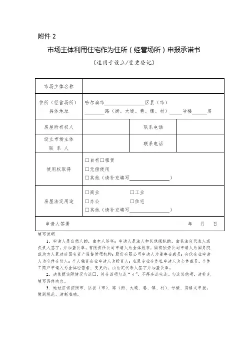 市场主体利用住宅作为住所(经营场所)申报承诺书