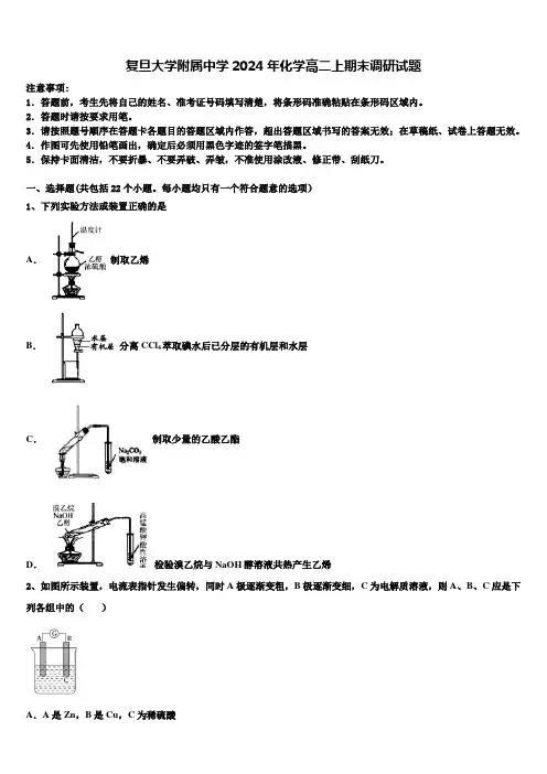 复旦大学附属中学2024年化学高二上期末调研试题含解析