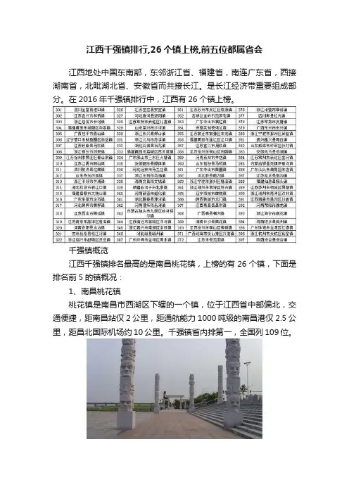 江西千强镇排行,26个镇上榜,前五位都属省会