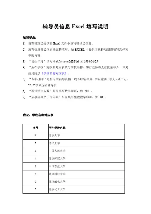辅导员信息Excel填写说明