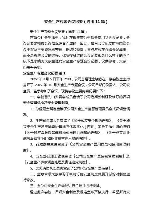 安全生产专题会议纪要（通用11篇）