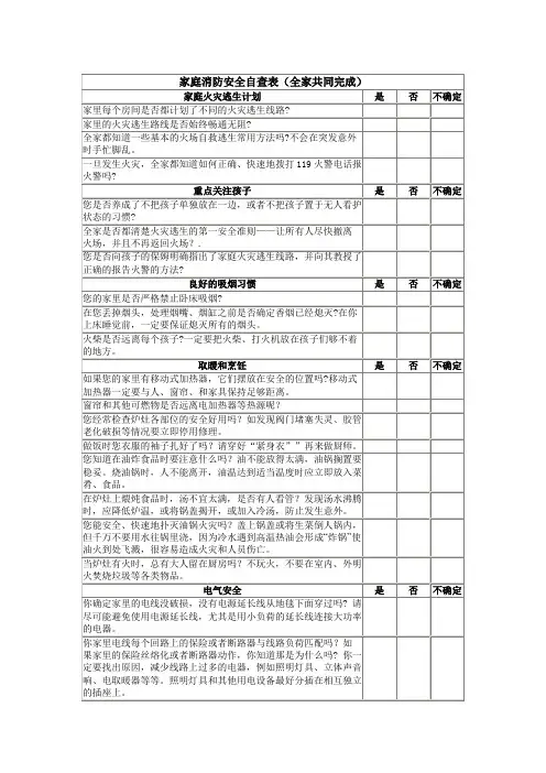 家庭消防安全自查表(全家共同完成)