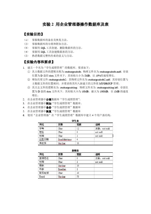 实验2-用SQL Server工具操作数据库及表