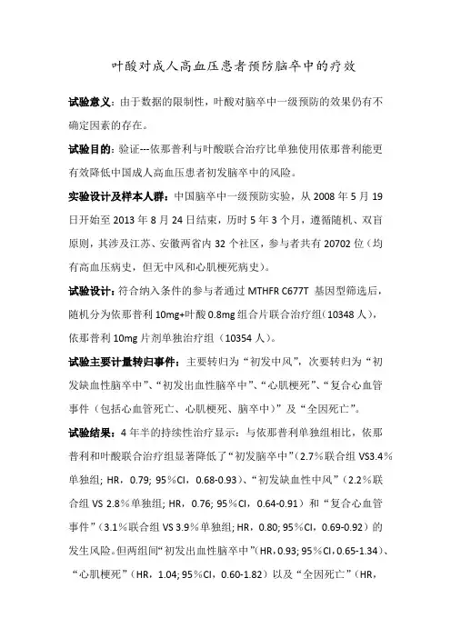CSPPT-叶酸对成人高血压患者预防脑卒中的疗效