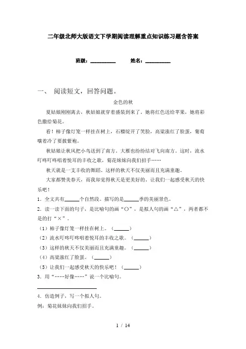 二年级北师大版语文下学期阅读理解重点知识练习题含答案