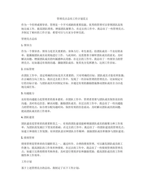 管理亮点总结工作计划范文