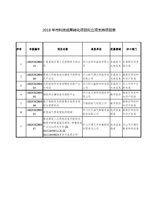 2018年市科技成果转化项目拟立项支持项目表