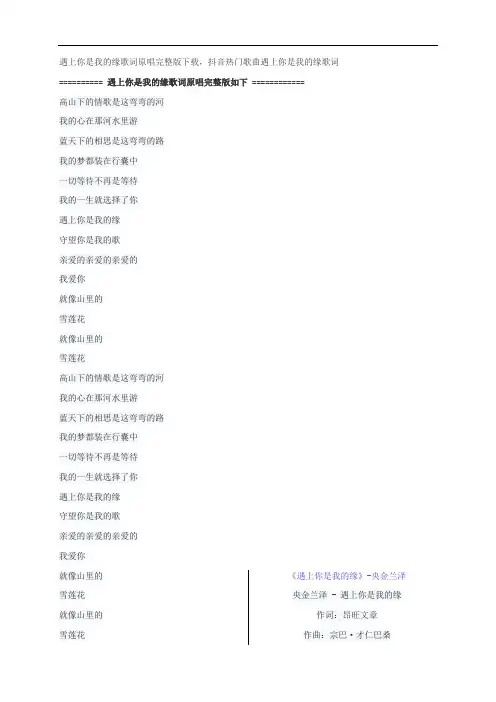 遇上你是我的缘歌词原唱完整版下载,央金兰泽歌曲遇上你是我的缘歌词