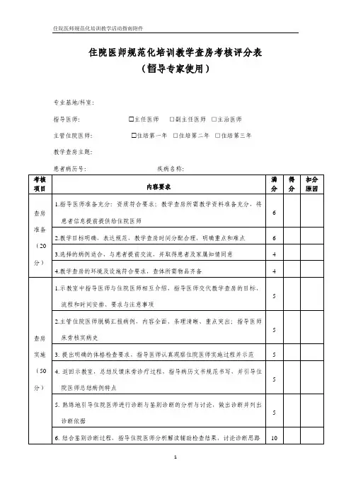 住院医师规范化培训教学查房考核评分表
